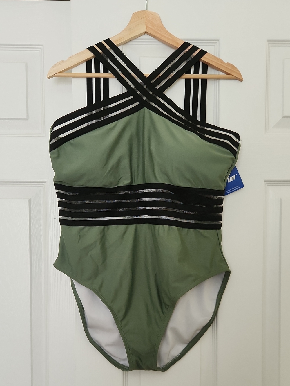 Olive Green One-Piece Swimsuit with Black/Mesh Strappy Accents XXL/16